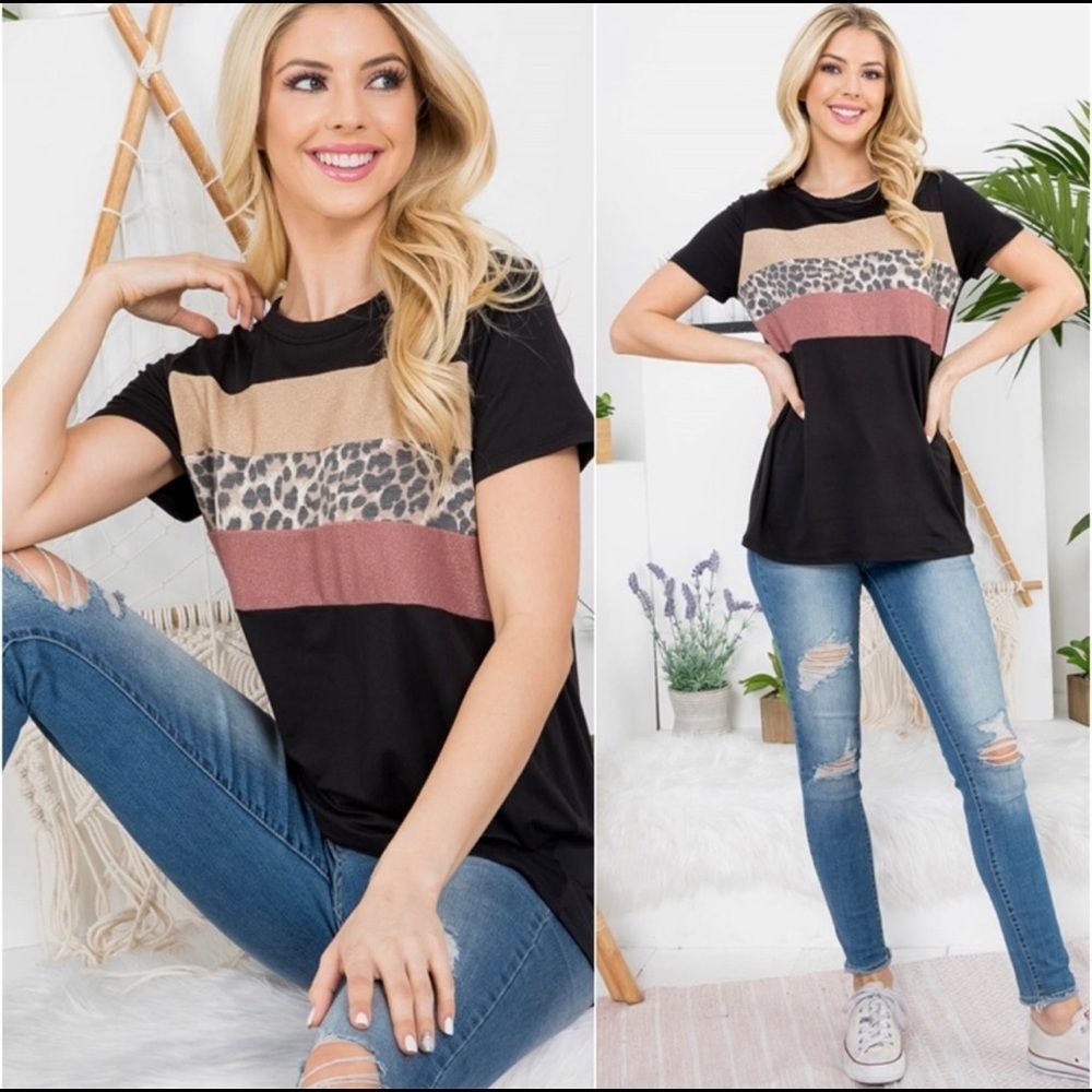 Leopard contrast color block tee with metallic tinsel